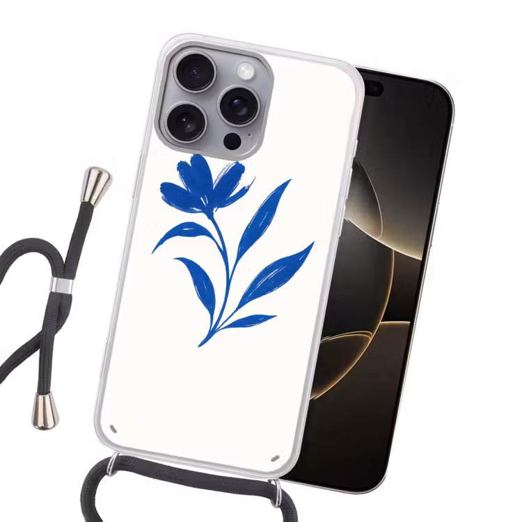Bloem - Blaadjes - Minimalistisch - Blauw Hoesje iPhone 16 Pro Max met koord klein -sfeer1