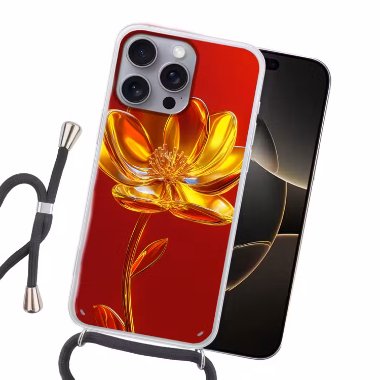 Bloem - Goud - Glazen Hoesje iPhone 16 Pro Max met koord klein -sfeer1