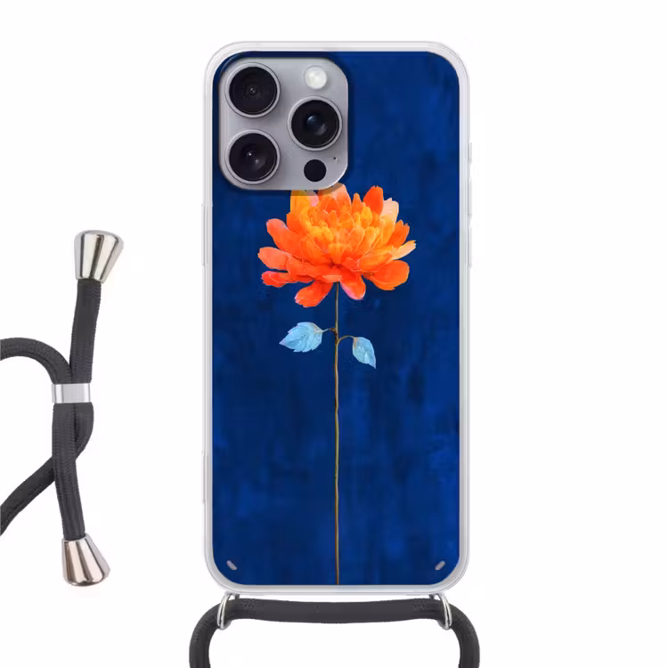 Bloem - Oranje - Bladeren Hoesje iPhone 16 Pro Max met koord klein -3d