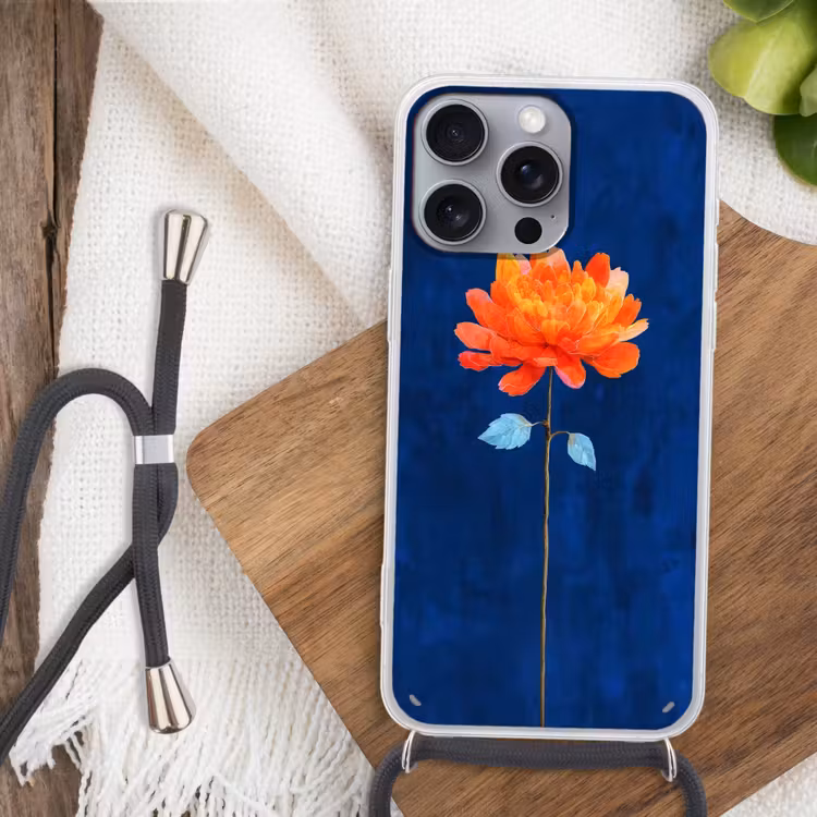 Bloem - Oranje - Bladeren Hoesje iPhone 16 Pro Max met koord klein -sfeer4