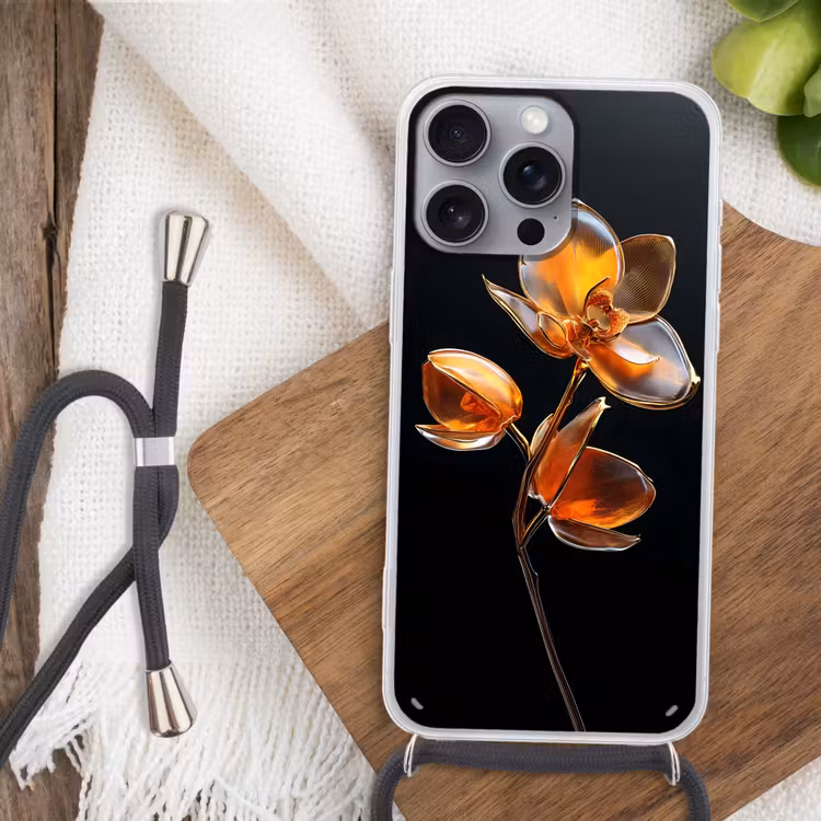Bloem - Orchidee - Oranje Hoesje iPhone 16 Pro Max met koord klein -sfeer4
