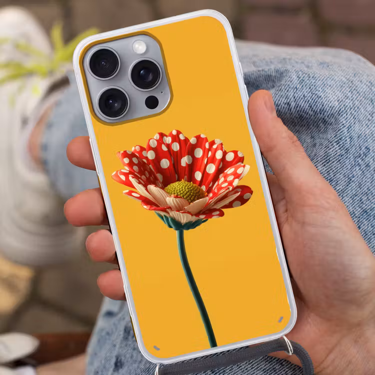 Bloem - Rood - Stippen Hoesje iPhone 16 Pro Max met koord klein -sfeer3