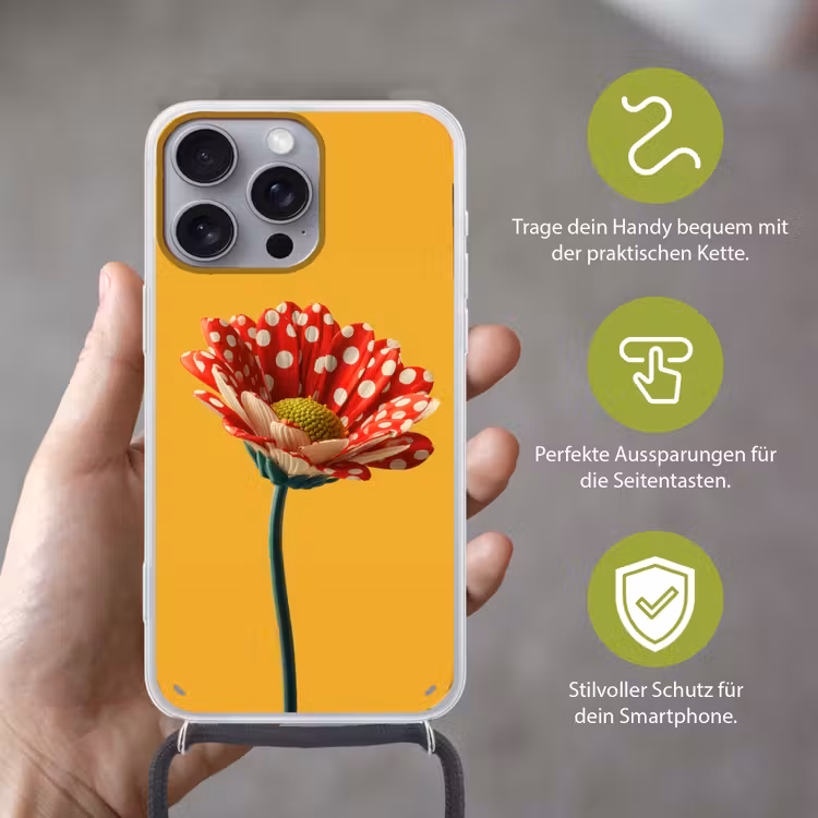 Bloem - Rood - Stippen Hoesje iPhone 16 Pro Max met koord klein -sfeer2_DE