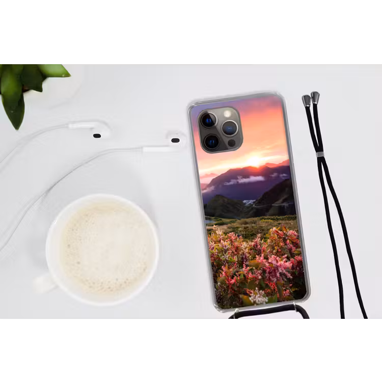 Bergen - Kleuren - Bloemen Hoesje iPhone 12 Pro met koord klein -oordop
