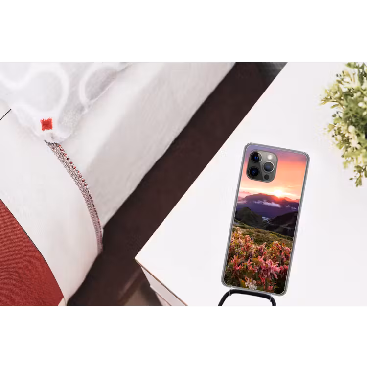 Bergen - Kleuren - Bloemen Hoesje iPhone 12 Pro met koord klein -kamer