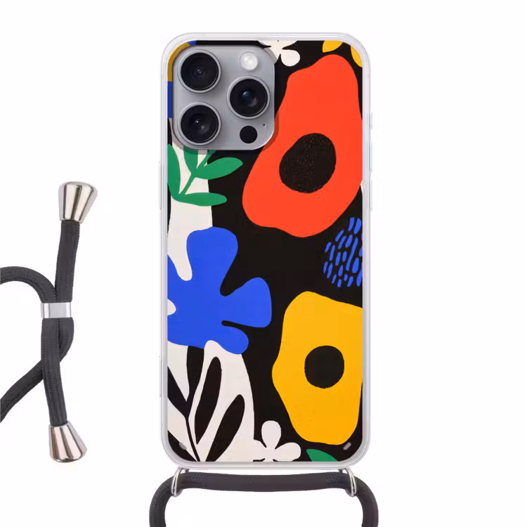 Bloemen - Bladeren - Abstract - Zwart Hoesje iPhone 16 Pro Max met koord klein -3d