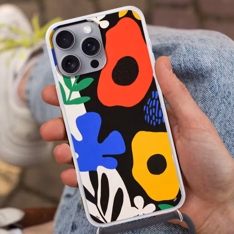 Bloemen - Bladeren - Abstract - Zwart Hoesje iPhone 16 Pro Max met koord klein -sfeer3