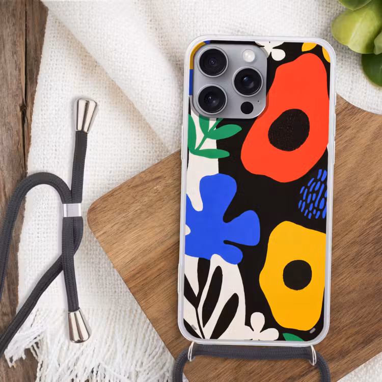 Bloemen - Bladeren - Abstract - Zwart Hoesje iPhone 16 Pro Max met koord klein -sfeer4
