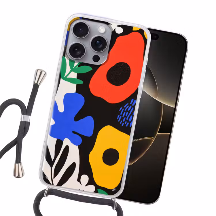 Bloemen - Bladeren - Abstract - Zwart Hoesje iPhone 16 Pro Max met koord klein -sfeer1