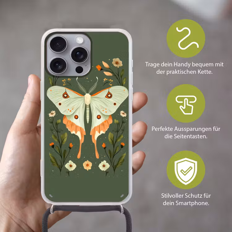 Bloemen - Bladeren - Olijfgroen - Vlinder Hoesje iPhone 16 Pro Max met koord klein -sfeer2_DE