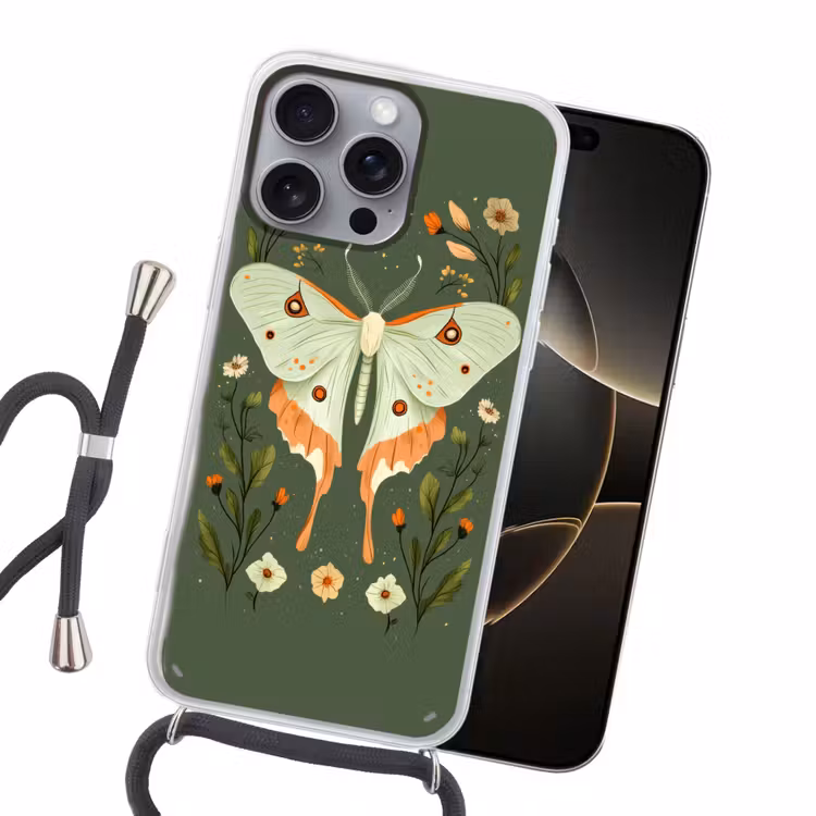 Bloemen - Bladeren - Olijfgroen - Vlinder Hoesje iPhone 16 Pro Max met koord klein -sfeer1