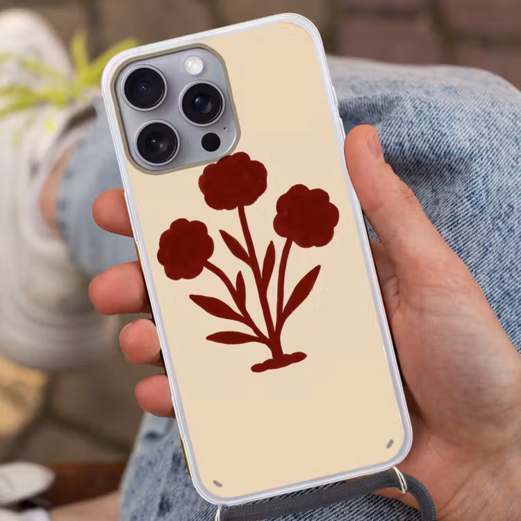 Bloemen - Bladeren - Rood - Minimalistisch Hoesje iPhone 16 Pro Max met koord klein -sfeer3