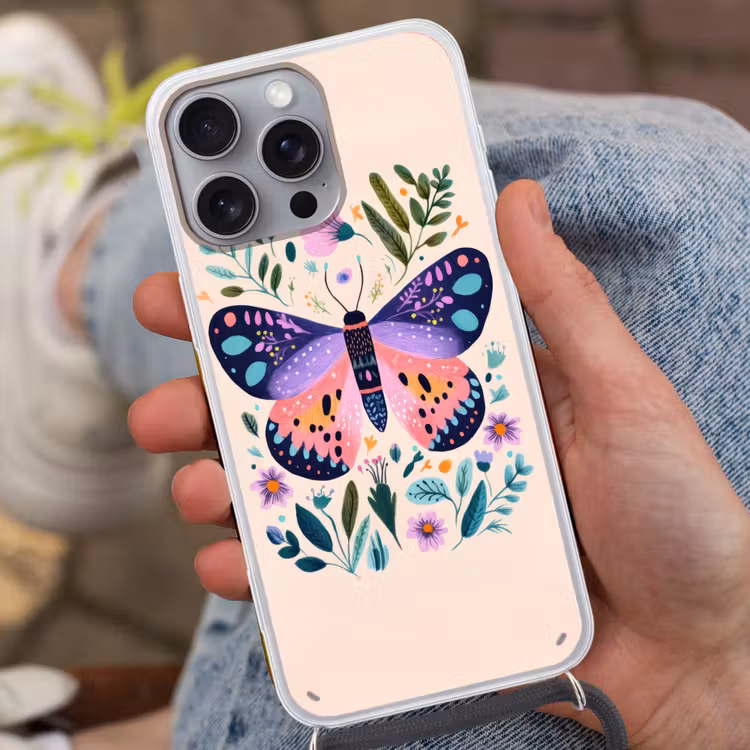 Bloemen - Bladeren - Vlinder - Kleurrijk Hoesje iPhone 16 Pro Max met koord klein -sfeer3