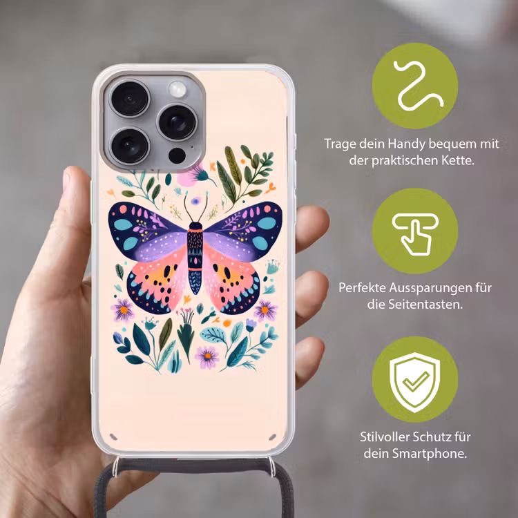 Bloemen - Bladeren - Vlinder - Kleurrijk Hoesje iPhone 16 Pro Max met koord klein -sfeer2_DE