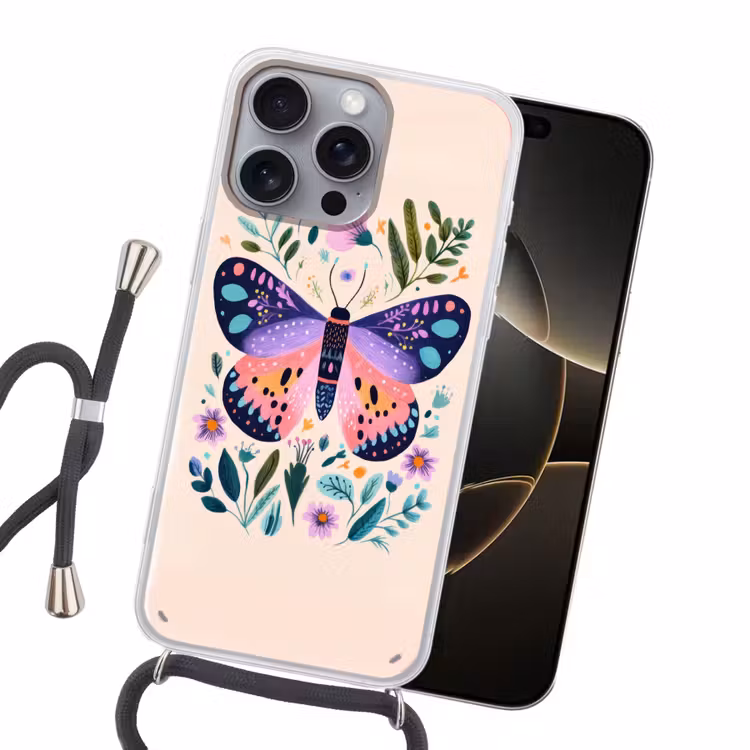 Bloemen - Bladeren - Vlinder - Kleurrijk Hoesje iPhone 16 Pro Max met koord klein -sfeer1