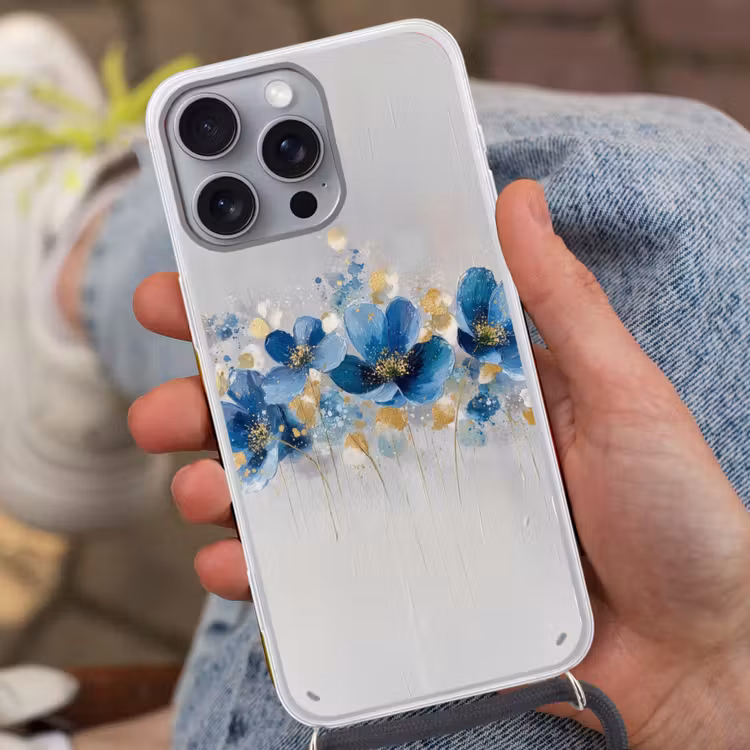 Bloemen - Blauw - Abstract Hoesje iPhone 16 Pro Max met koord klein -sfeer3