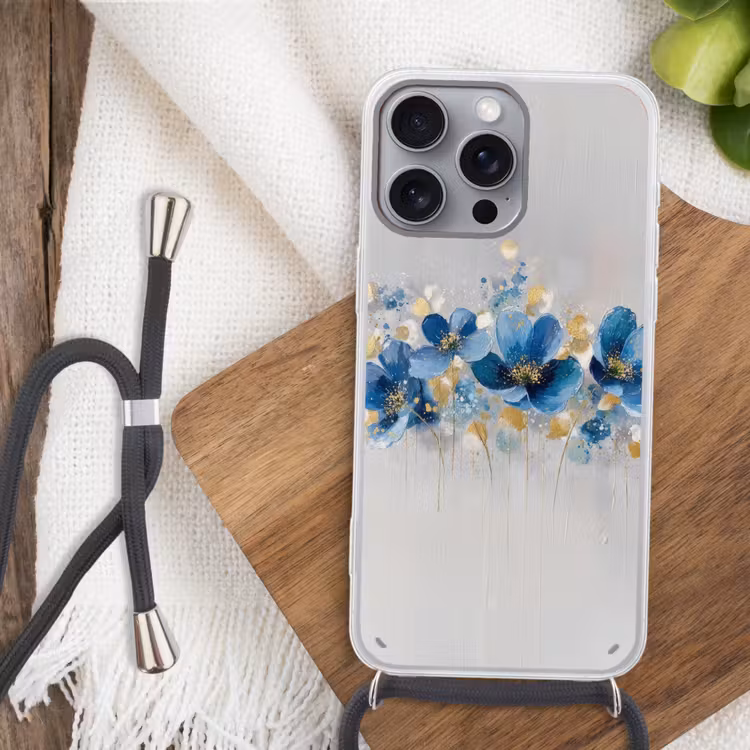 Bloemen - Blauw - Abstract Hoesje iPhone 16 Pro Max met koord klein -sfeer4