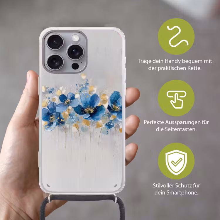 Bloemen - Blauw - Abstract Hoesje iPhone 16 Pro Max met koord klein -sfeer2_DE