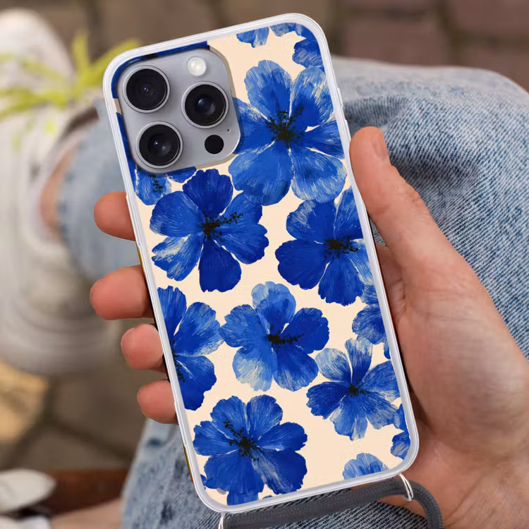 Bloemen - Blauw -Patroon - Wit Hoesje iPhone 16 Pro Max met koord klein -sfeer3