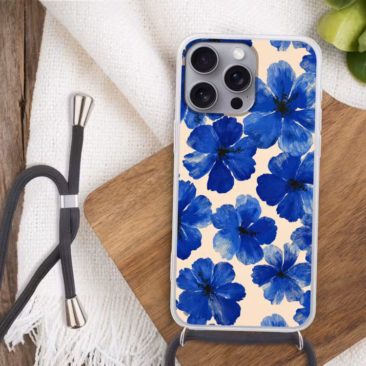 Bloemen - Blauw -Patroon - Wit Hoesje iPhone 16 Pro Max met koord klein -sfeer4