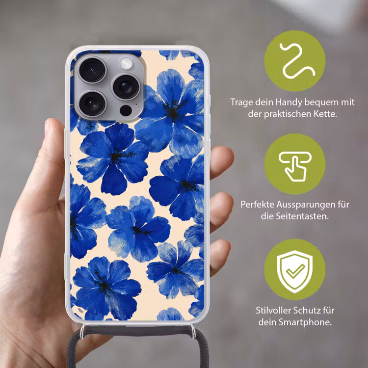Bloemen - Blauw -Patroon - Wit Hoesje iPhone 16 Pro Max met koord klein -sfeer2_DE
