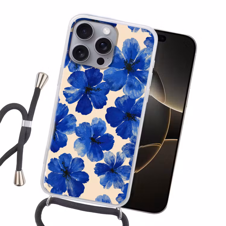 Bloemen - Blauw -Patroon - Wit Hoesje iPhone 16 Pro Max met koord klein -sfeer1