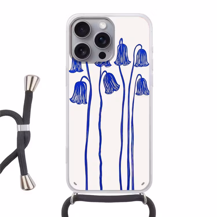 Bloemen - Blauw - Lijnen - Bloemblaadjes Hoesje iPhone 16 Pro Max met koord klein -3d