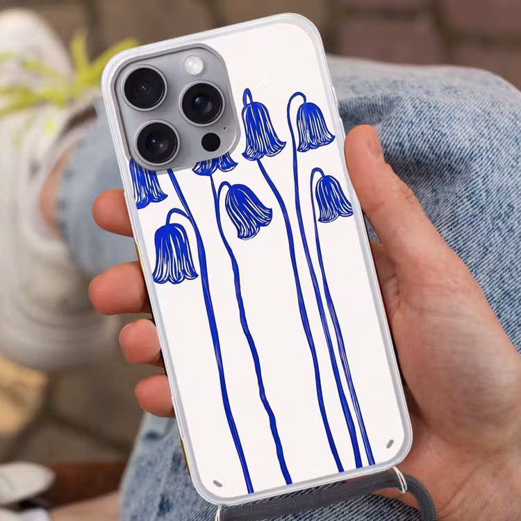 Bloemen - Blauw - Lijnen - Bloemblaadjes Hoesje iPhone 16 Pro Max met koord klein -sfeer3
