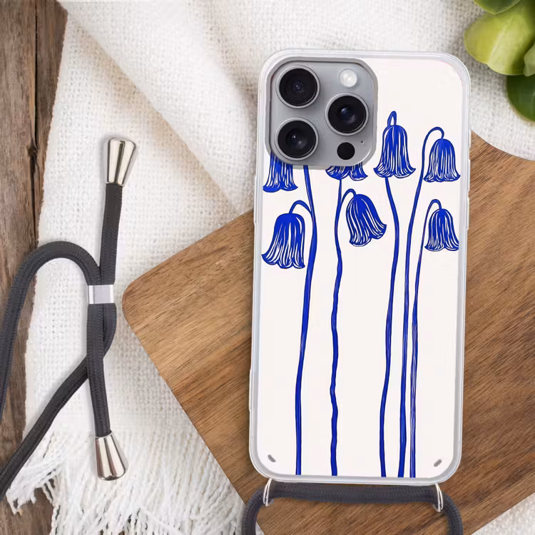 Bloemen - Blauw - Lijnen - Bloemblaadjes Hoesje iPhone 16 Pro Max met koord klein -sfeer4