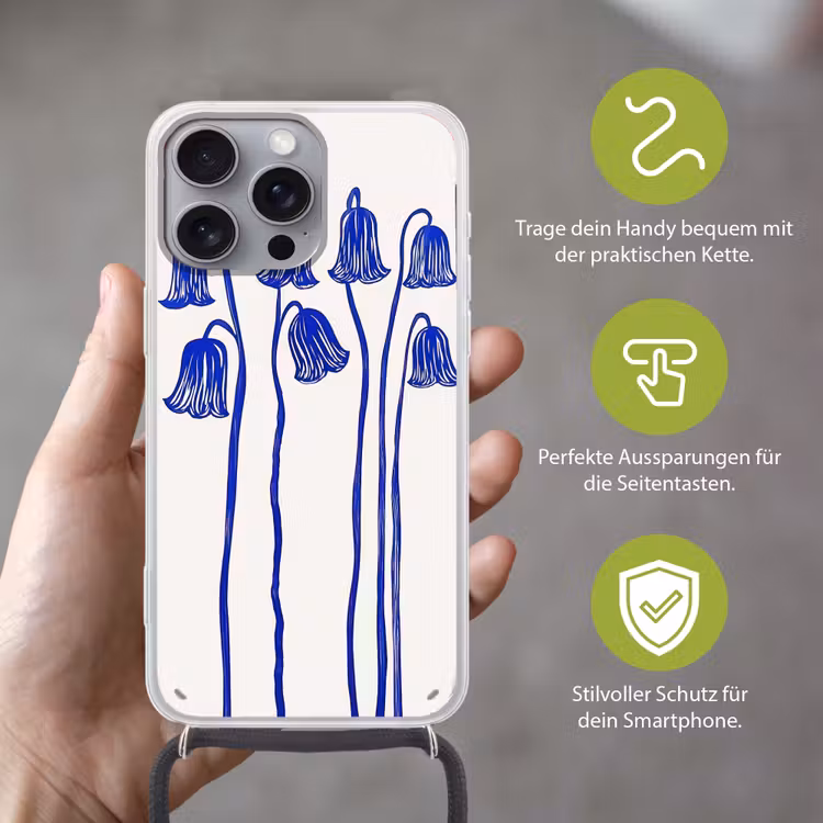Bloemen - Blauw - Lijnen - Bloemblaadjes Hoesje iPhone 16 Pro Max met koord klein -sfeer2_DE