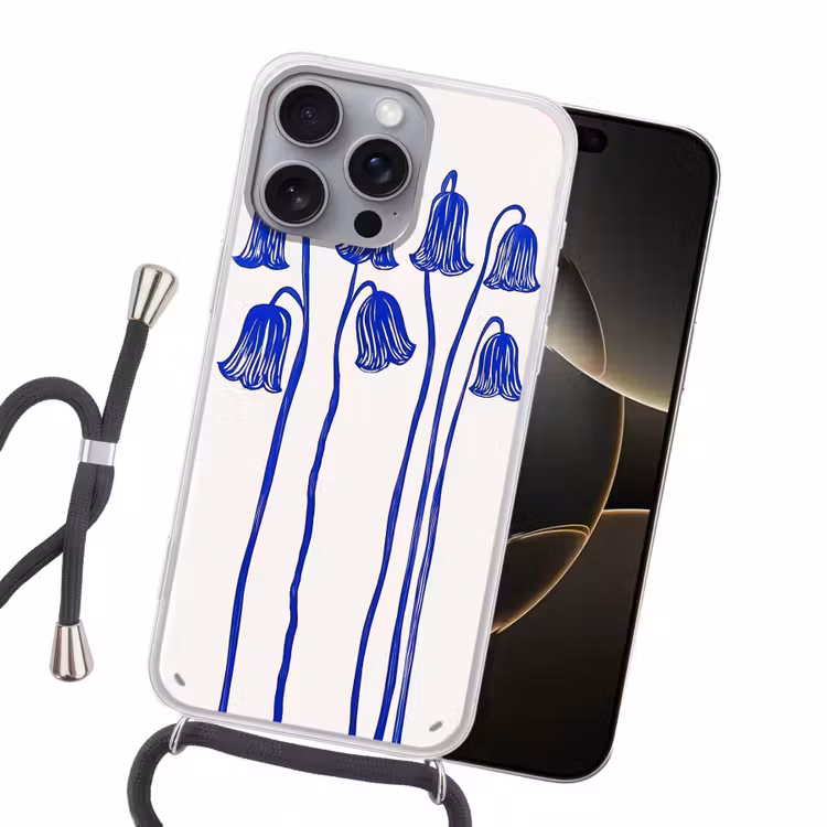 Bloemen - Blauw - Lijnen - Bloemblaadjes Hoesje iPhone 16 Pro Max met koord klein -sfeer1