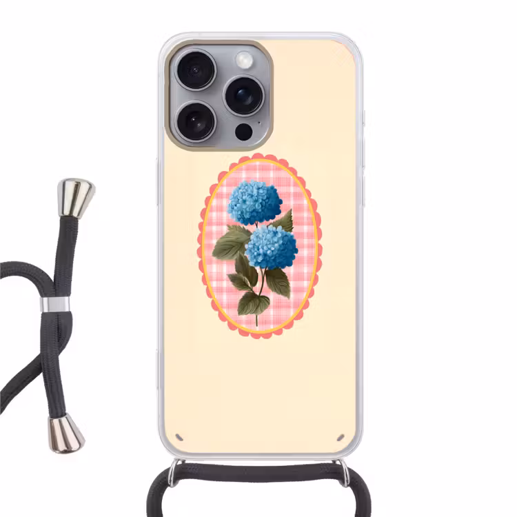 Bloemen - Blauw - Lijst - Bladeren Hoesje iPhone 16 Pro Max met koord klein -3d