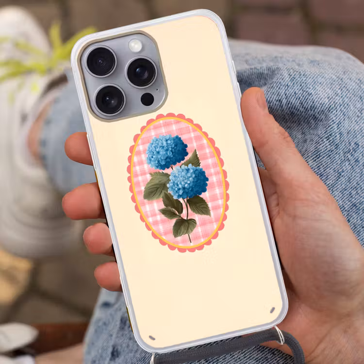 Bloemen - Blauw - Lijst - Bladeren Hoesje iPhone 16 Pro Max met koord klein -sfeer3