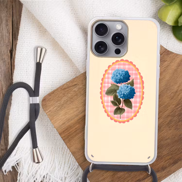Bloemen - Blauw - Lijst - Bladeren Hoesje iPhone 16 Pro Max met koord klein -sfeer4