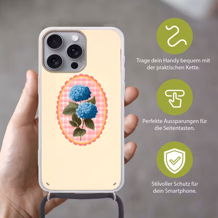 Bloemen - Blauw - Lijst - Bladeren Hoesje iPhone 16 Pro Max met koord klein -sfeer2_DE