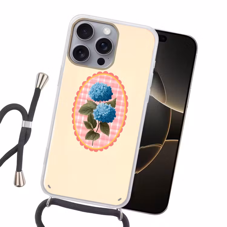Bloemen - Blauw - Lijst - Bladeren Hoesje iPhone 16 Pro Max met koord klein -sfeer1