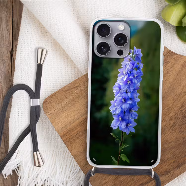 Bloemen - Blauw - Dennenboom Hoesje iPhone 16 Pro Max met koord klein -sfeer4