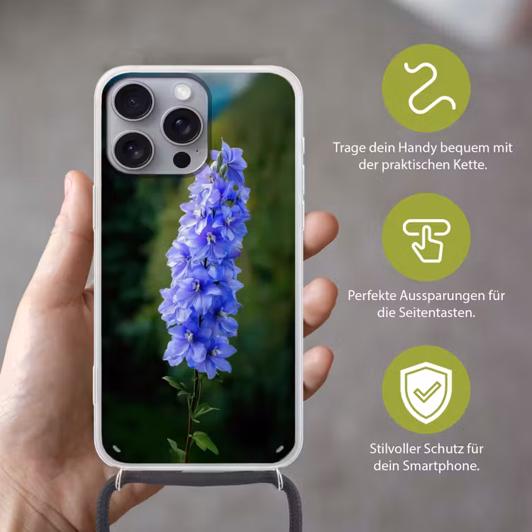 Bloemen - Blauw - Dennenboom Hoesje iPhone 16 Pro Max met koord klein -sfeer2_DE