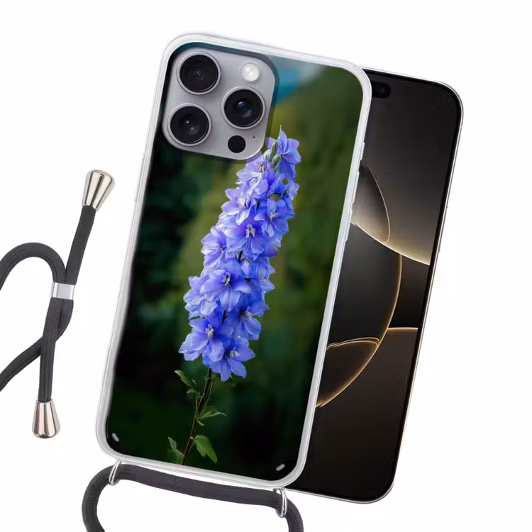 Bloemen - Blauw - Dennenboom Hoesje iPhone 16 Pro Max met koord klein -sfeer1