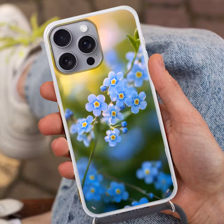 Bloemetjes - Blauw - Vergeet mij nietjes Hoesje iPhone 16 Pro Max met koord klein -sfeer3