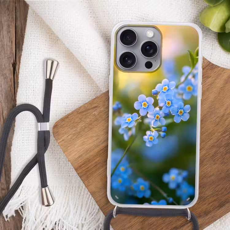 Bloemetjes - Blauw - Vergeet mij nietjes Hoesje iPhone 16 Pro Max met koord klein -sfeer4