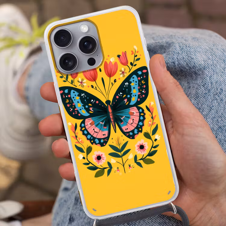 Bloemen - Kleurrijk - Vlinder - Sierlijk Hoesje iPhone 16 Pro Max met koord klein -sfeer3