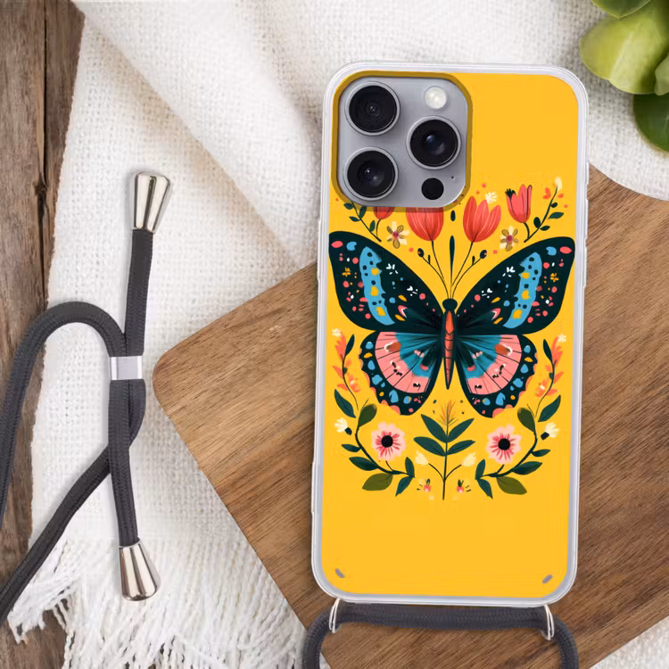 Bloemen - Kleurrijk - Vlinder - Sierlijk Hoesje iPhone 16 Pro Max met koord klein -sfeer4