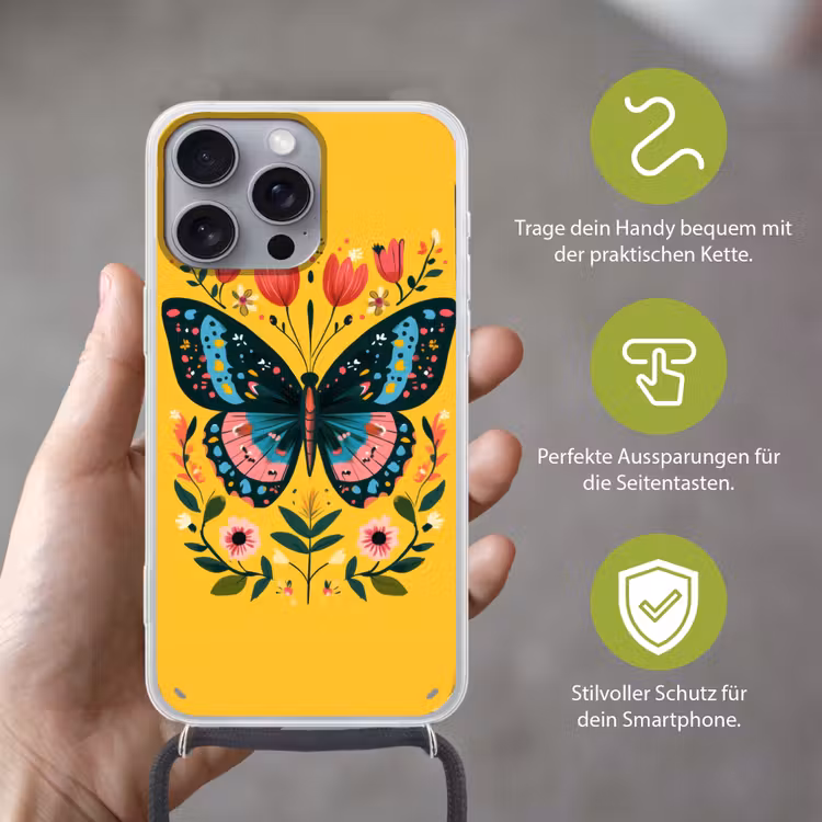 Bloemen - Kleurrijk - Vlinder - Sierlijk Hoesje iPhone 16 Pro Max met koord klein -sfeer2_DE