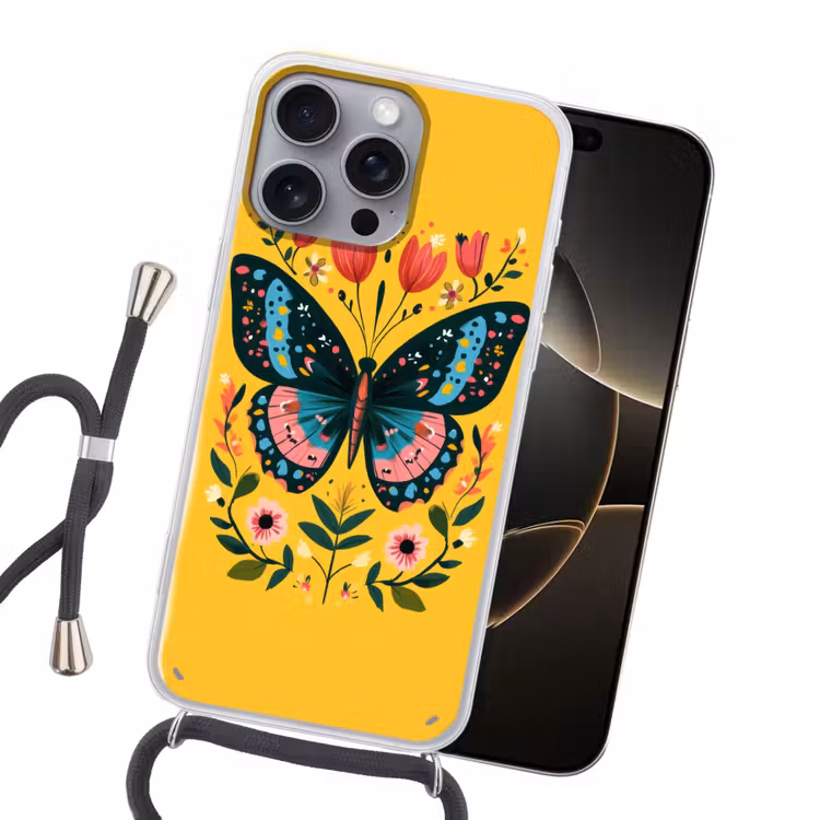 Bloemen - Kleurrijk - Vlinder - Sierlijk Hoesje iPhone 16 Pro Max met koord klein -sfeer1