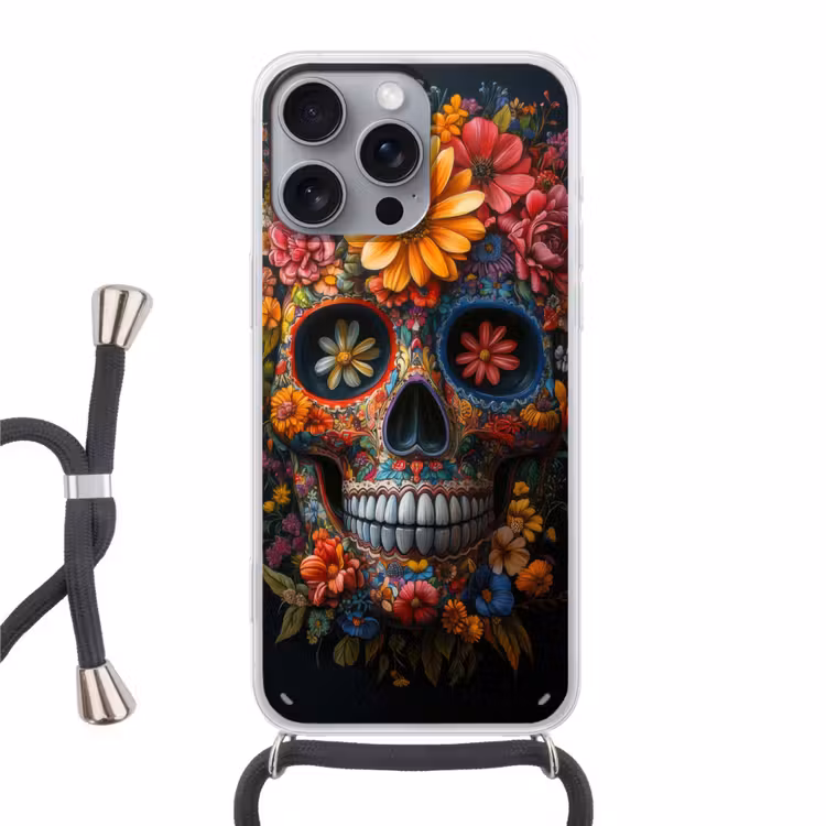 Bloemen - Kleurrijk - Schedel Hoesje iPhone 16 Pro Max met koord klein -3d