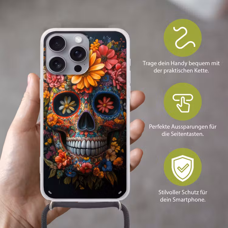 Bloemen - Kleurrijk - Schedel Hoesje iPhone 16 Pro Max met koord klein -sfeer2_DE