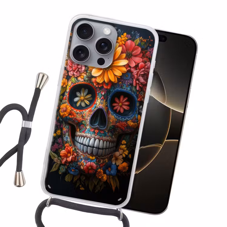 Bloemen - Kleurrijk - Schedel Hoesje iPhone 16 Pro Max met koord klein -sfeer1