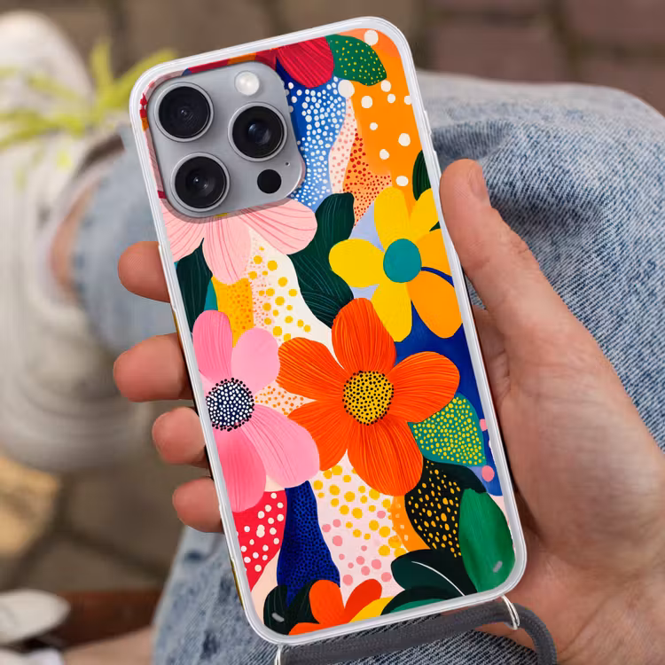 Bloemen - Kleurrijk - Stippen Hoesje iPhone 16 Pro Max met koord klein -sfeer3