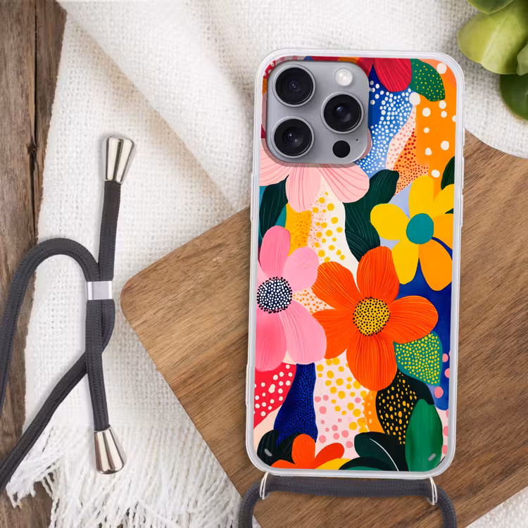 Bloemen - Kleurrijk - Stippen Hoesje iPhone 16 Pro Max met koord klein -sfeer4